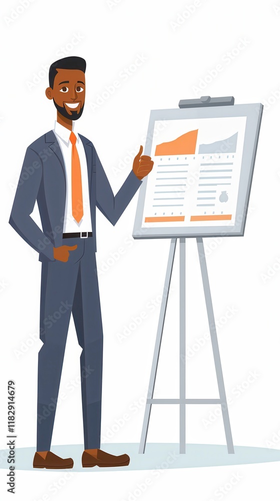 Poster man presenting ideas in animated boardroom setting with white background and professional attire. ge