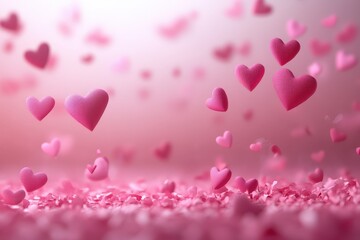 Obraz premium Whimsical hearts soar through a soft pink sky, spreading love and joy, creating a romantic atmosphere perfect for Valentine's Day celebrations.