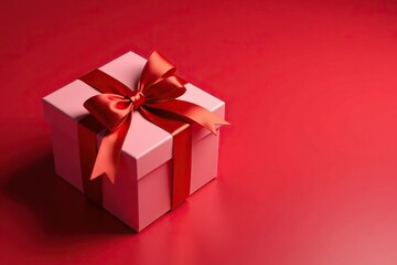 Elegant gift box with red ribbons on a crimson background, red ribbon, decorative gift, gift wrapping