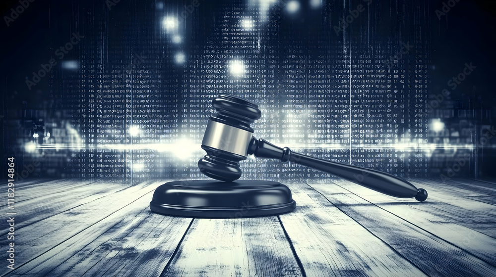 Poster 3d gavel rests on wooden surface with digital code background representing cyber law and justice.