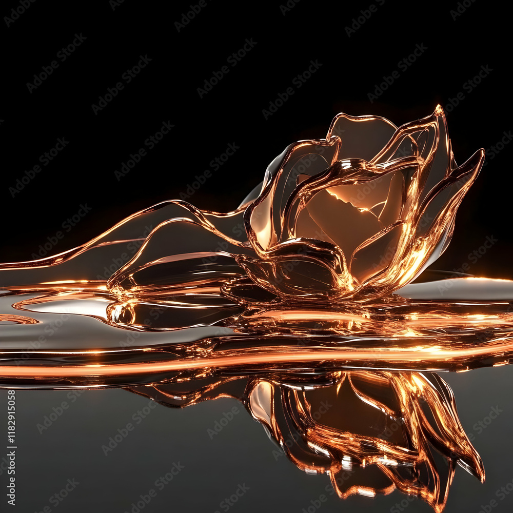Poster 3d render of a molten gold flower floating gently on a reflective surface with dark background