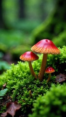 Fototapeta premium Forest floor moss carpeted with red caps of fungi, foliage, ferns, woods