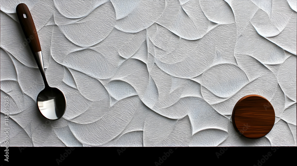 Poster spoon and wooden disc rest on a textured white surface with intricate line patterns
