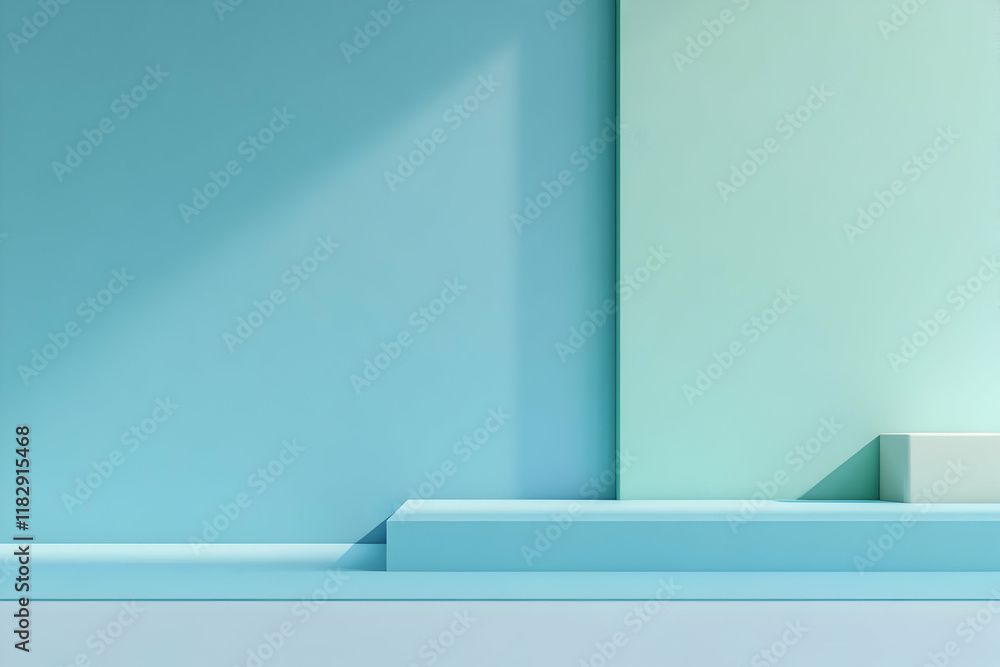 Aufkleber 3d minimal blue podium display for product showcase in a softly lit studio setting.
