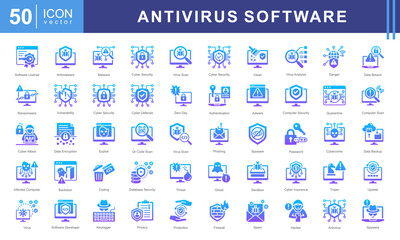 Antivirus Software icon set of Virus Scanning, Antivirus Software, Real-Time Protection, Virus Remover and Malware Detection.