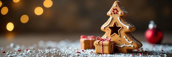 Gingerbread Christmas tree with star inside gift box, baking, edible, christmas