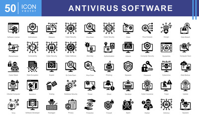 Antivirus Software icon set of Virus Scanning, Antivirus Software, Real-Time Protection, Virus Remover and Malware Detection.