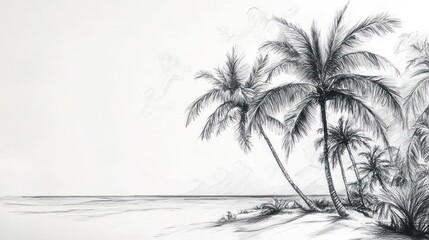 Monochrome sketch of palm trees on beach.