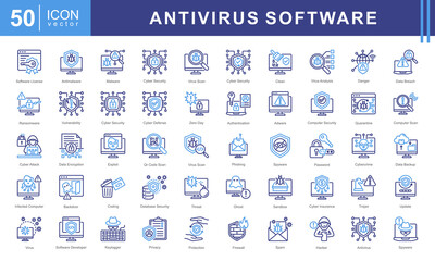 Antivirus Software icon set of Virus Scanning, Antivirus Software, Real-Time Protection, Virus Remover and Malware Detection.