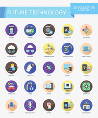 Future Technology rounded icons set. contain bot, blockchain, signal, fiber, cloud, chatbot, chip, server and more. Vector EPS 10 for print, digital UI, UX kit, web, app for technology, education.