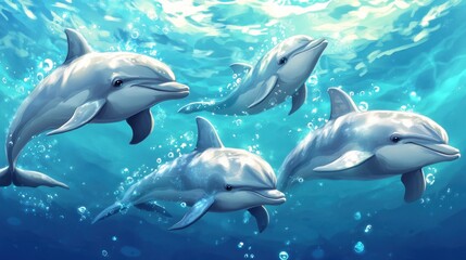 Fototapeta premium Four dolphins swimming underwater.