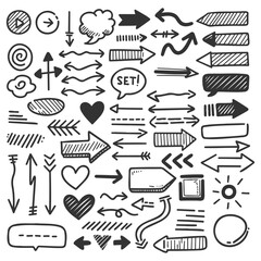 Collection of simple hand drawn elements. Grunge doodle underline, icons, emphasis, speech bubbles, arrows, love and shapes.