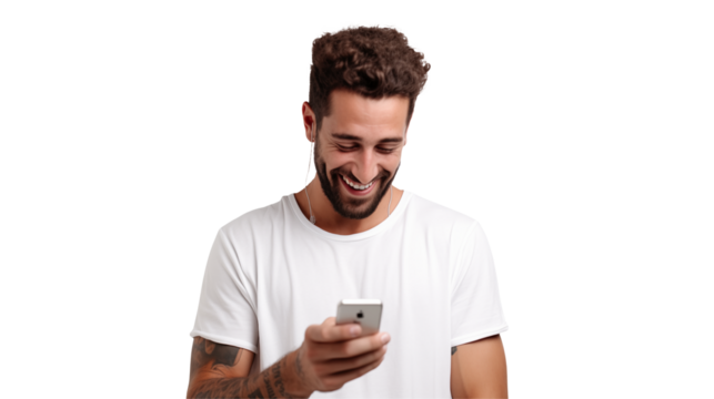 Happy young man with tattoos looking at his smartphone and smiling. Perfect for illustrating articles about technology, social media,  transparency backgrcommunication, happiness, or modern lifestyle. - Powered by Adobe