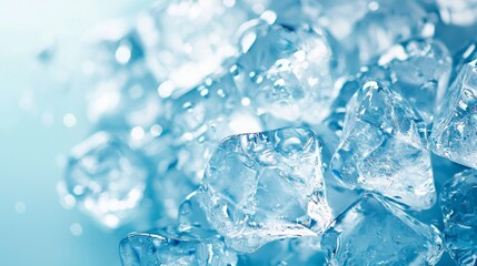 Obraz premium Close-Up of Crystal Clear Ice Cubes on Soft Blue Background with Sparkling Light Effects and High Detail Texture