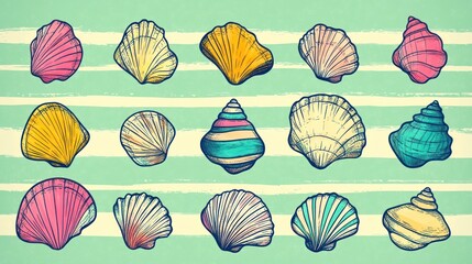 Collection of colorful seashells on striped background.