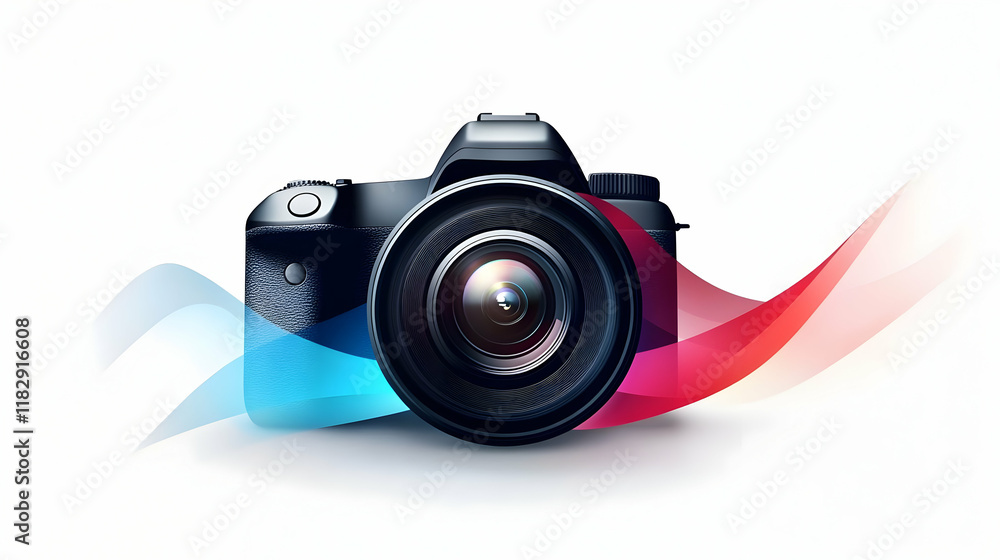 Poster modern camera with colorful abstract waves captures artistic moments with style and precision.
