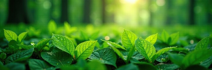Misty morning dew on lush green forest foliage, vegetation, foliage