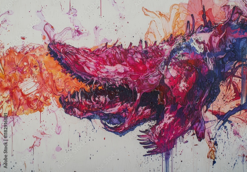 Poster abstract artistic representation of a fierce creature with vibrant colors and dynamic brushstrokes e
