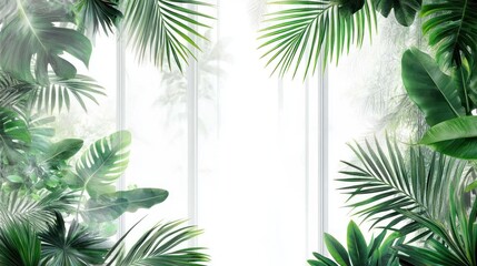 Lush tropical foliage framing a bright window.