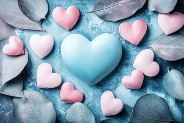 Fototapeta premium A cascade of vibrant hearts adorns a serene blue surface, radiating warmth and affection, perfect for celebrating love on Valentine's Day.