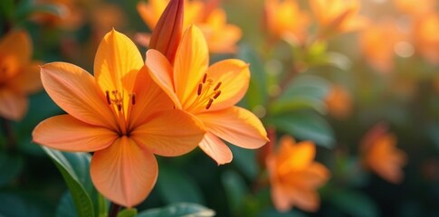 Orange blossoms with five petals fill the air, colorful blooms, fragrant blooms