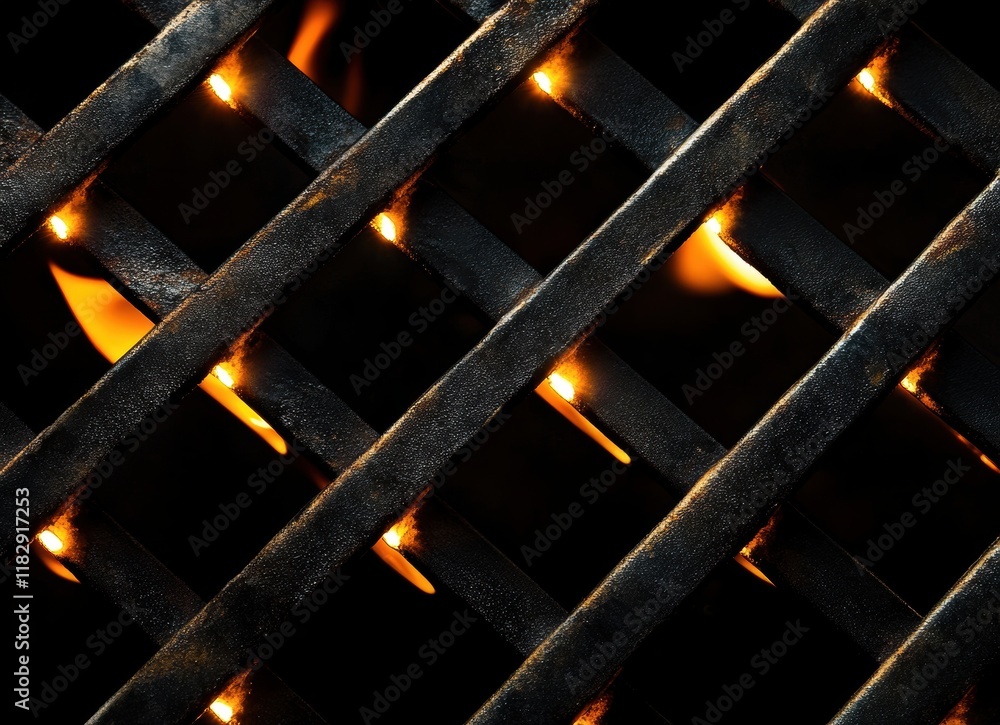 Poster abstract pattern of intersecting grate with glowing light effects emitting through gaps in the dark 