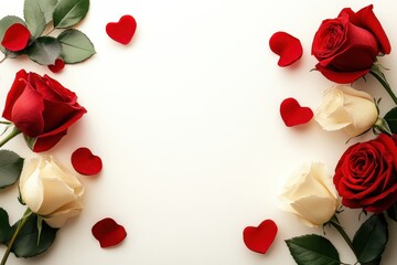 A delicate arrangement of vibrant roses and playful hearts adorns a pristine white surface, creating a romantic scene perfect for Valentine's Day.