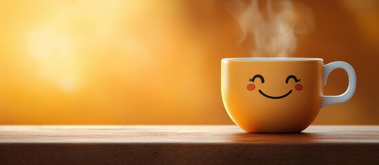 Happy Cute Smiling Coffee Cup Character Enjoying Morning Sunlight