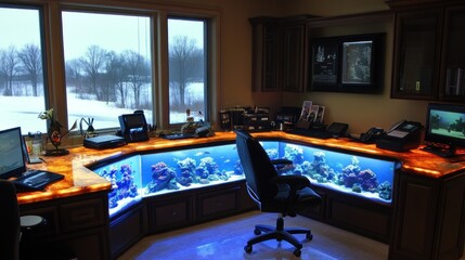 Luxurious home office with built-in aquarium.
