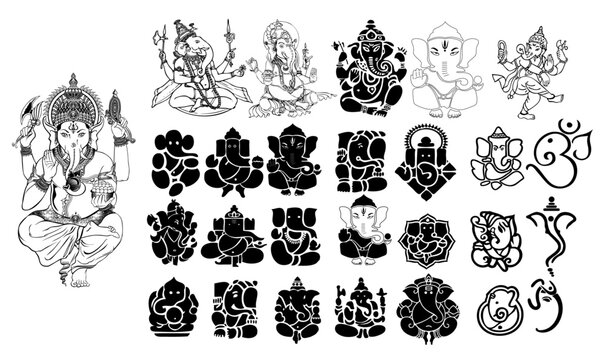 Divine Ganesha Icon Collection: An array of detailed line art and silhouette depictions of Ganesha, the Hindu deity of wisdom, prosperity, and good fortune, in various poses and styles