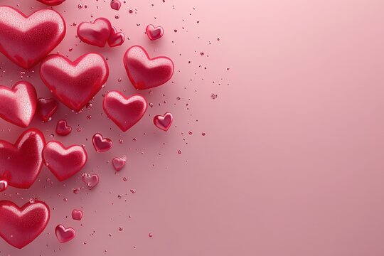 A whimsical scene filled with vibrant hearts dancing in the air, set against a soft pink background, perfect for celebrating love and affection.