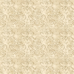 Beige vintage damask seamless pattern with distressed floral detailing. Ideal for antique-style wallpaper, rustic décor, textiles, and decorative art.