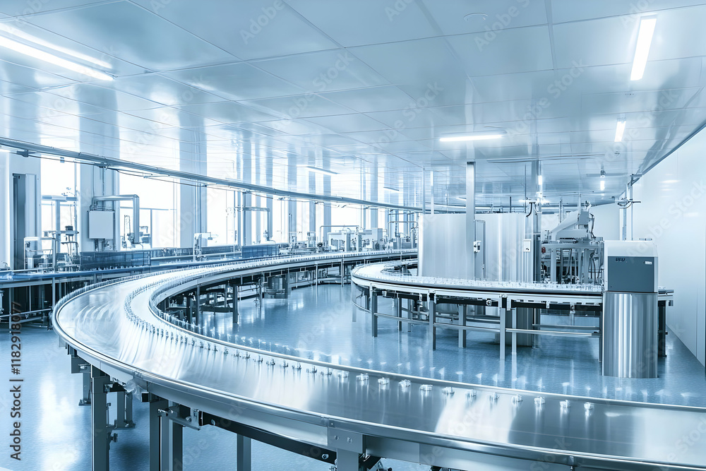 Poster modern factory conveyor belt transports products efficiently in a clean environment