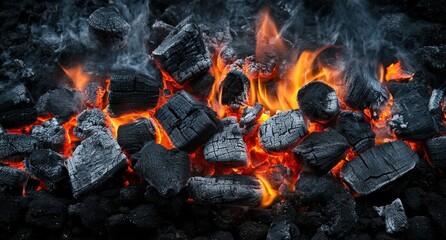 Burning Charcoal Firewood with Glowing Embers and Flames in a Dark Background for Campfire, Grilling, or Cooking Scenes