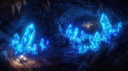A breathtaking shot of blue glowing crystals scattered along the walls of a mine tunnel, lighting up the dark surroundings with a serene glow.