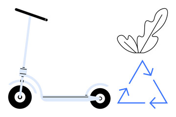 Modern electric scooter, blue recycle triangle, abstract leaf. Ideal for sustainability, eco-transport, environment, green energy, urban mobility recycling lifestyle topics. Abstract line flat