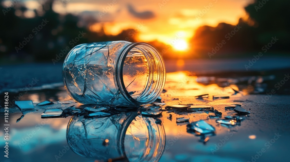 Poster A broken glass jar on a reflective surface, with warm sunset light reflecting off the shards, adding a layer of serenity to the chaos.