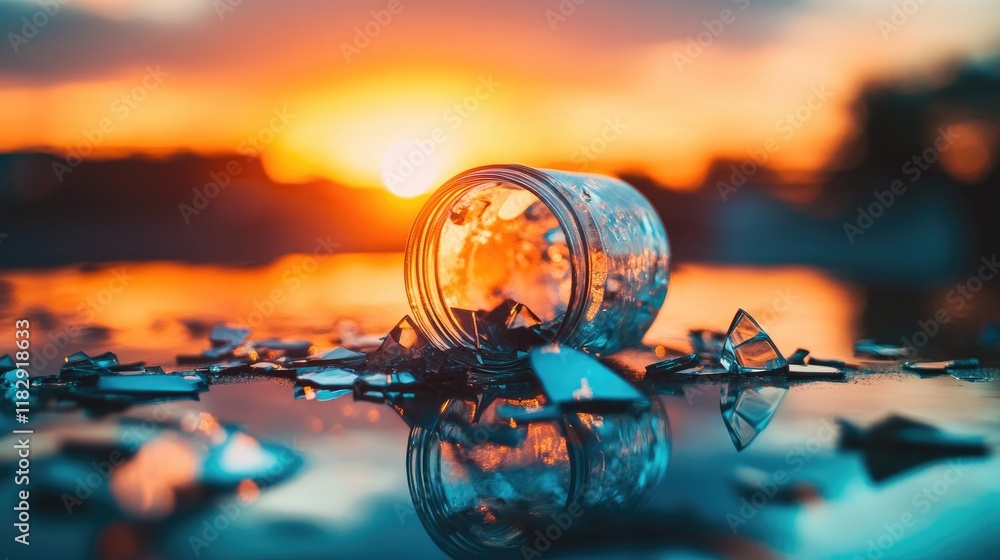 Poster A broken glass jar on a reflective surface, with warm sunset light reflecting off the shards, adding a layer of serenity to the chaos.