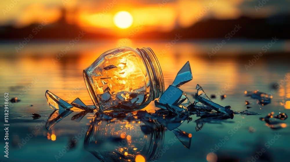 Poster A broken glass jar on a reflective surface, with warm sunset light reflecting off the shards, adding a layer of serenity to the chaos.