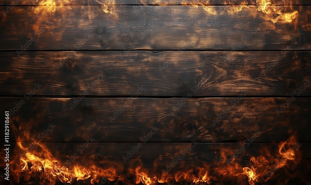Poster captivating wood background with dynamic flames emanating from the edges creating a striking contras