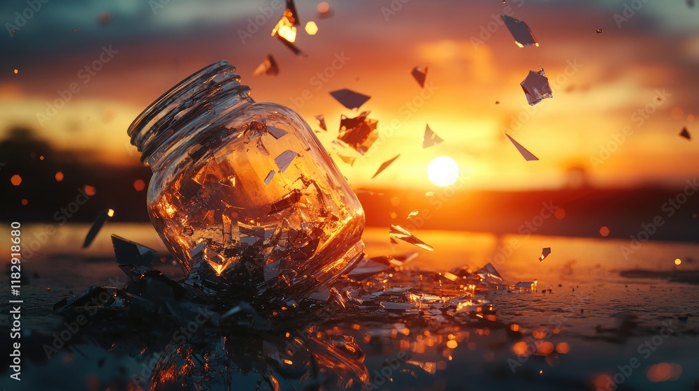 Poster A broken glass jar on a reflective surface, with warm sunset light reflecting off the shards, adding a layer of serenity to the chaos.