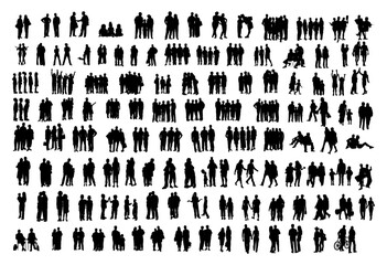 Multitude in Monochrome: A vast collection of human silhouettes, a diverse gathering of individuals in various poses and groupings, captured in stark monochrome.