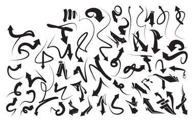 Dynamic Direction: A comprehensive collection of black arrows in various shapes, styles, and directions, symbolizing guidance and diverse pathways.