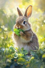 Fototapeta premium A fluffy bunny nibbling on a piece of lettuce in a bright, sunny garden