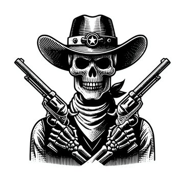 Skeleton cowboy vector silhouette. Eerie skeleton with gun and hat in retro western Design. Spooky outlaw artwork for t-shirt print