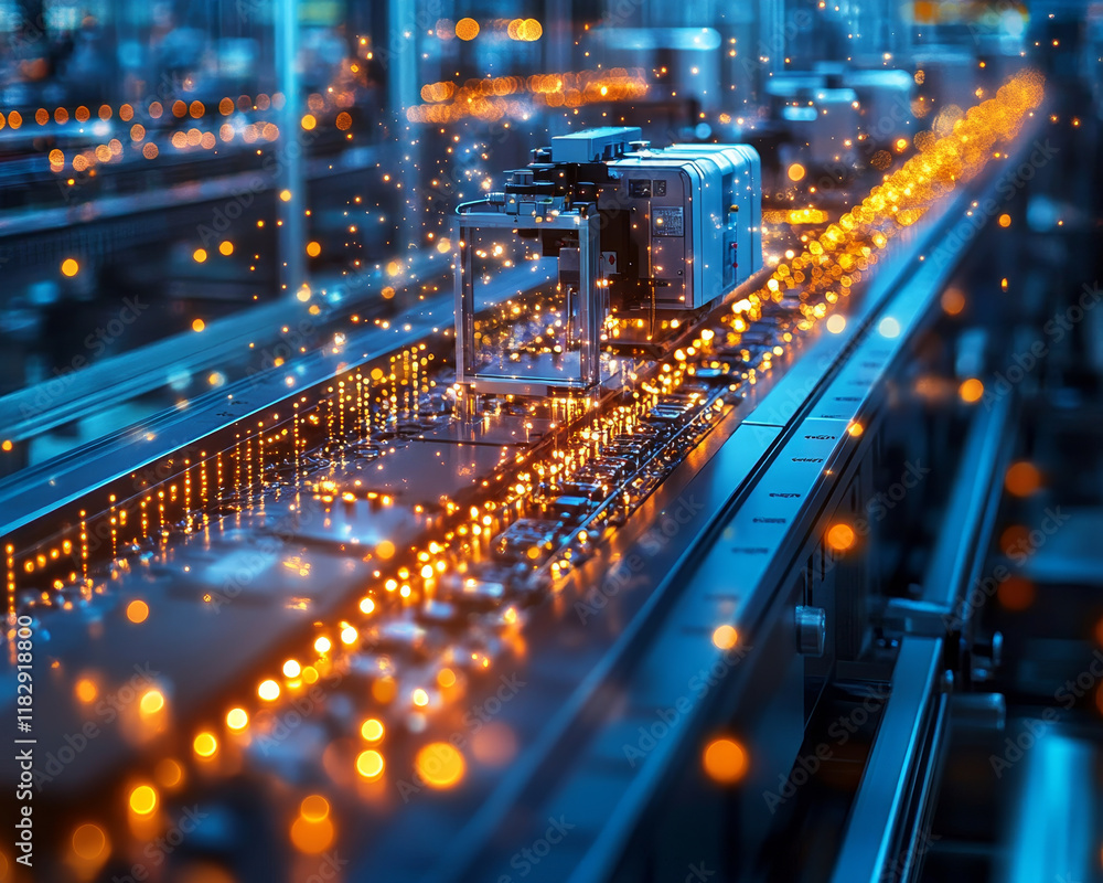 Poster efficient factory environment with automated machinery and glowing circuits