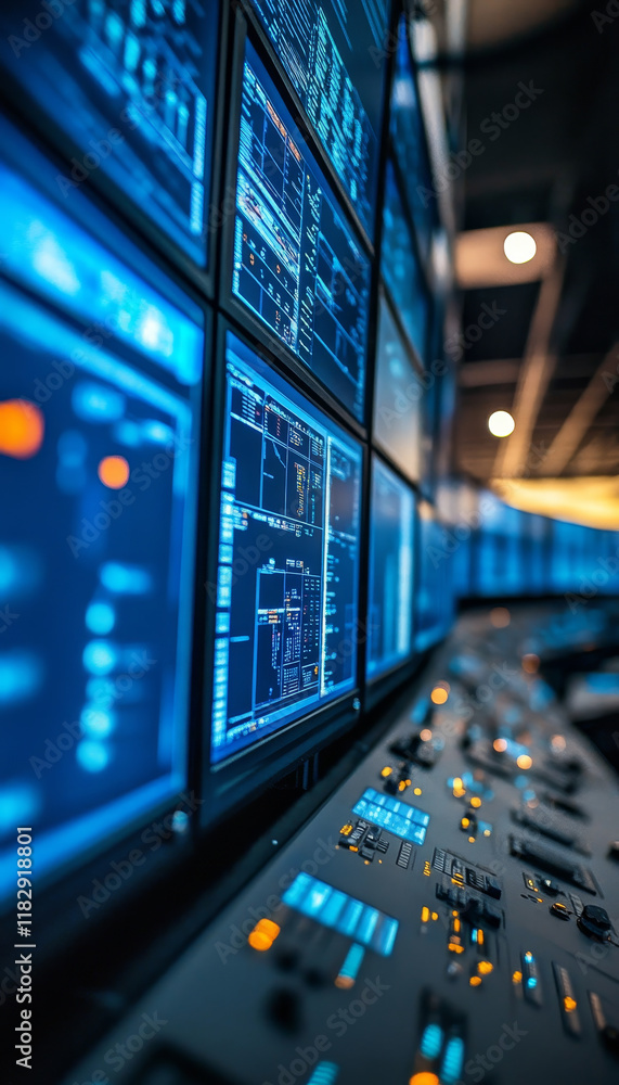 Poster high tech control room with multiple screens displaying data and controls
