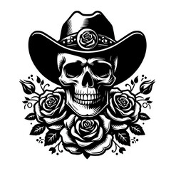 Fototapeta premium Skull wearing a cowboy hat with rose flowers vector illustration