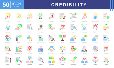 Credibility icon collection set. Containing trustworthiness, reliability, authenticity, integrity, honesty, dependability, accountability icon.