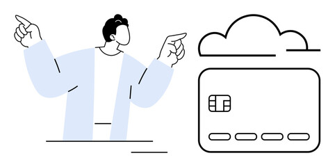 Person in blue jacket pointing towards credit card and cloud, symbolizing digital payment systems and cloud-based banking. Ideal for finance, tech, online transactions, security, IT services, cloud